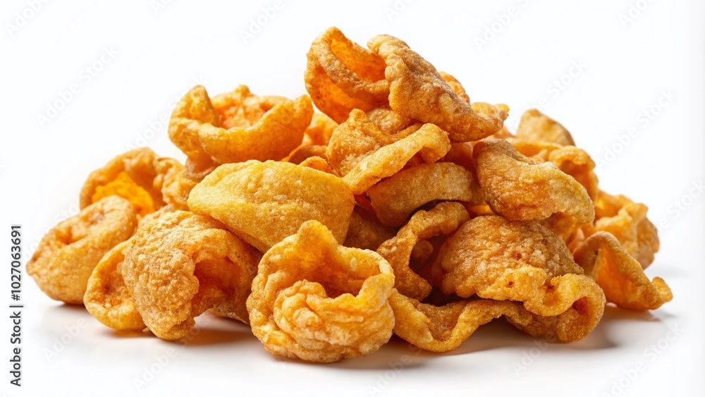 Traditional Fried Pork Rind Heap Isolated on White Background - Crispy Snack Delight for Food Lovers Traditional Fried Pork Rind Heap Isolated on White Background - Crispy Snack Delight for Food Lovers