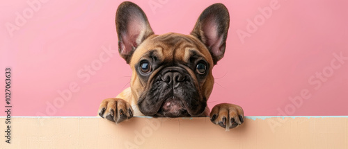 Adorable French Bulldog Puppy Peeking Over Blank Billboard on Soft Pastel Background photo