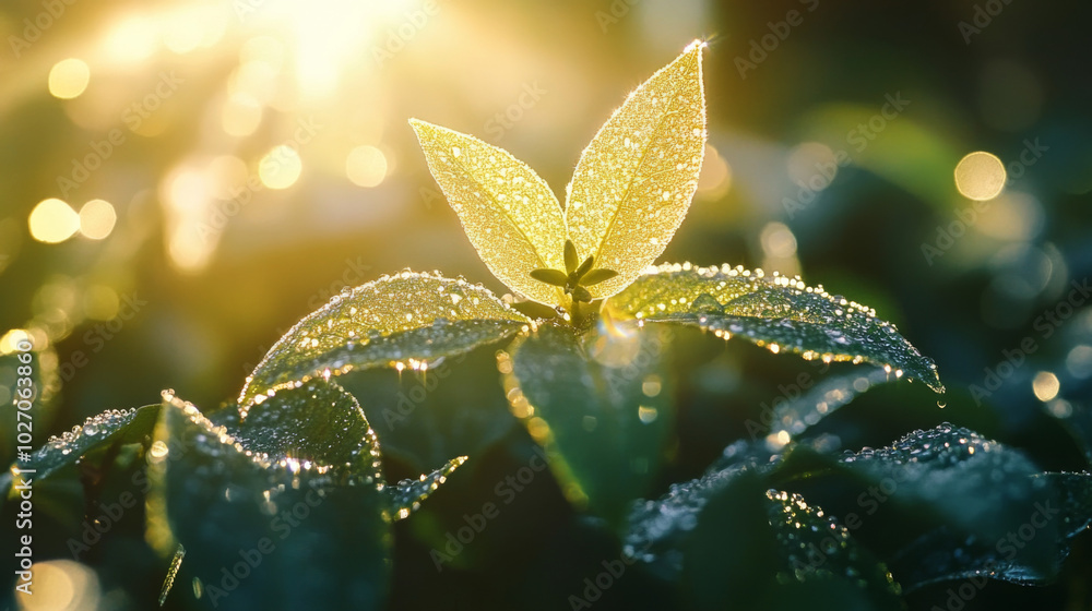 Morning sunlight illuminates dew-kissed leaves in a serene garden setting Morning sunlight illuminates dew-kissed leaves in a serene garden setting