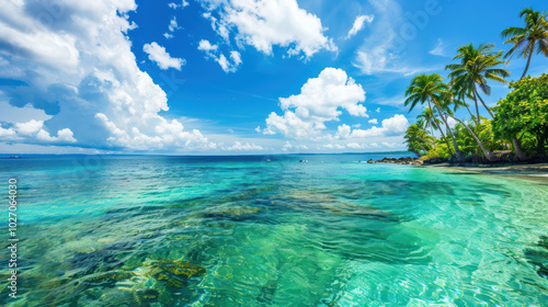 stunning tropical beach scene featuring clear turquoise waters, vibrant palm trees, and bright blue sky filled with fluffy white clouds. serene atmosphere invites relaxation and enjoyment