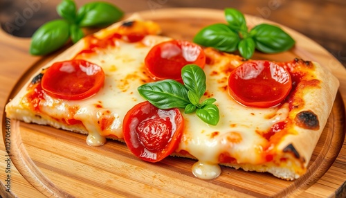 A slice of pepperoni pizza with melted cheese and basil leaves on a wooden board.
 photo