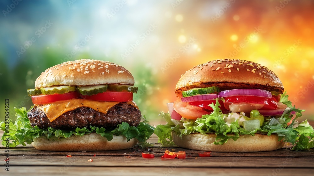 Two delicious burgers with fresh toppings on a wooden table against a colorful background.