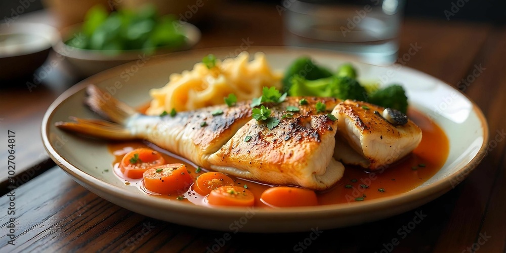 Grilled fish breast with herbs and spices, served on a plate Grilled fish breast with herbs and spices, served on a plate