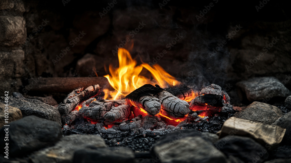Warm flames flicker brightly in a stone fireplace during a cozy evening Warm flames flicker brightly in a stone fireplace during a cozy evening