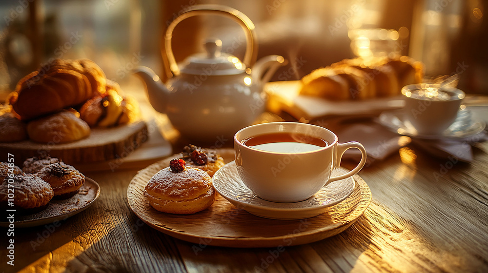 Afternoon tea with pastries, a teapot, and warm light Afternoon tea with pastries, a teapot, and warm light
