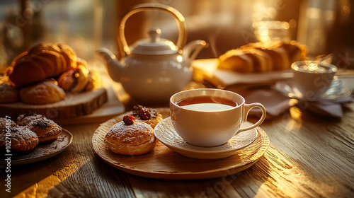 Afternoon tea with pastries, a teapot, and warm light