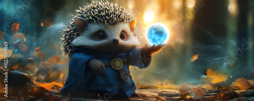  Hedgehog in a wizard s robe with a glowing crystal ball, wizard hedgehog, magical Halloween critter photo