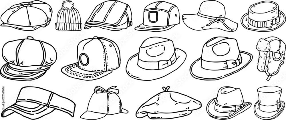 Collection of Various Hat Styles and Designs in Vector Format, Featuring Caps, Beanies, Fedoras, and Sun Hats for Fashion and Apparel Design Elements Collection of Various Hat Styles and Designs in Vector Format, Featuring Caps, Beanies, Fedoras, and Sun Hats for Fashion and Apparel Design Elements