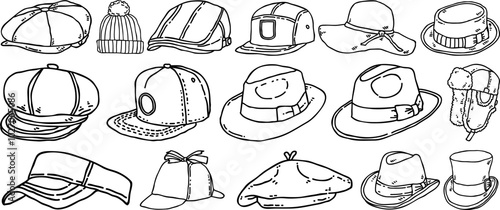 Collection of Various Hat Styles and Designs in Vector Format, Featuring Caps, Beanies, Fedoras, and Sun Hats for Fashion and Apparel Design Elements