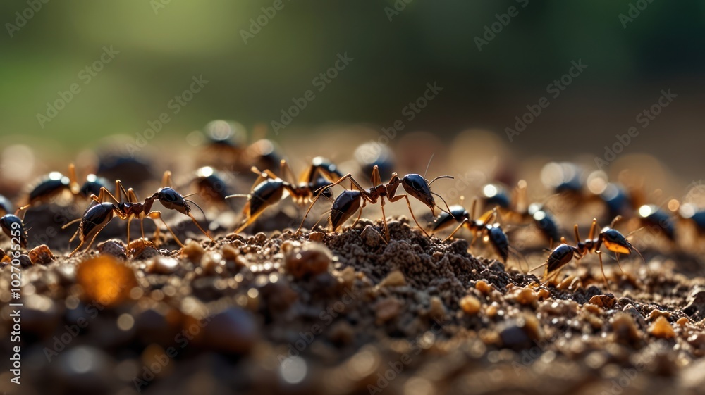 A group of ants are seen marching in a line on the ground. A group of ants are seen marching in a line on the ground.