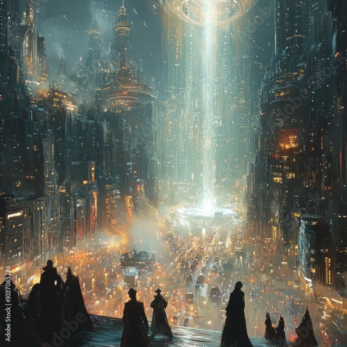 A futuristic cityscape with a glowing beam of light emanating from the sky, as seen from a rooftop with silhouetted figures looking up.