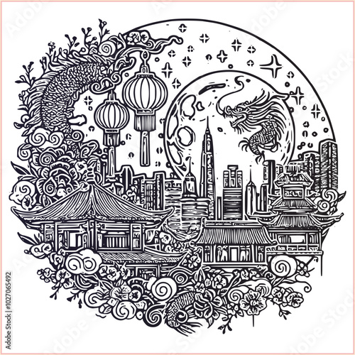 lunar new year,Chinese dragon,
Dragon with round shield, cut, out vector, silhouette,
fantasy, mythology, reptile, tattoo, characters, clip art, cut out, luxury, mascot, medieval, monochrome, prosperi