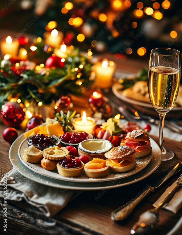 Festive Christmas Table with Champagne and Canapés. Festive Table with Champagne and Christmas Canapés. Christmas Party with Champagne and Holiday Appetizers Festive Christmas Table with Champagne and Canapés. Festive Table with Champagne and Christmas Canapés. Christmas Party with Champagne and Holiday Appetizers
