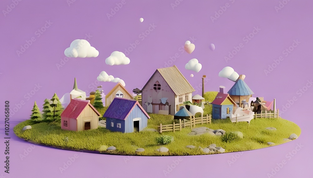 Naklejka premium Abstract 3D cute Viking style village.