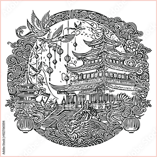 lunar new year,Chinese dragon,
Dragon with round shield, cut, out vector, silhouette,
fantasy, mythology, reptile, tattoo, characters, clip art, cut out, luxury, mascot, medieval, monochrome, prosperi