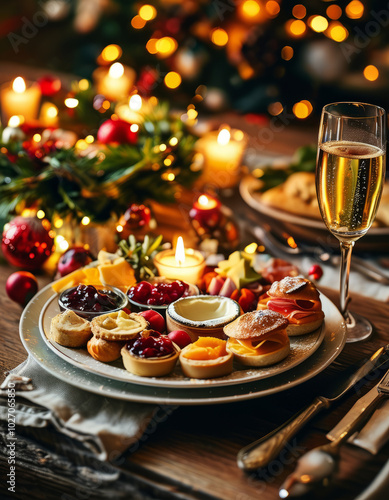 Festive Christmas Table with Champagne and Canapés. Festive Table with Champagne and Christmas Canapés. Christmas Party with Champagne and Holiday Appetizers