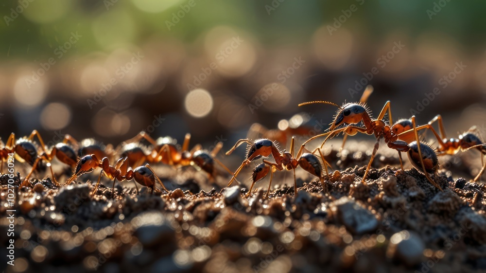 A close-up of a line of red ants carrying food on a dirt path, with the sun shining through the leaves in the background. A close-up of a line of red ants carrying food on a dirt path, with the sun shining through the leaves in the background.