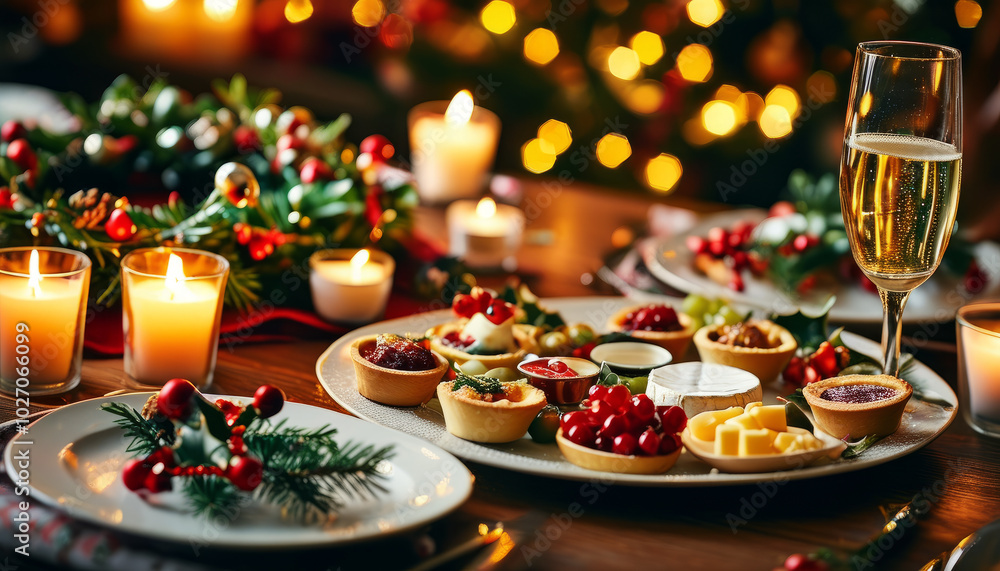 Naklejka premium Festive Christmas Table with Champagne and Canapés. Festive Table with Champagne and Christmas Canapés. Christmas Party with Champagne and Holiday Appetizers