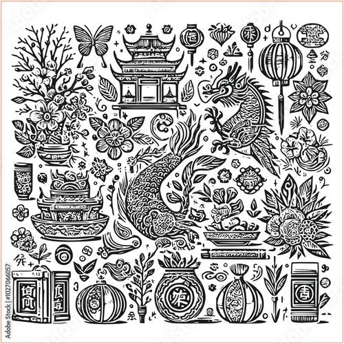 lunar new year,Chinese dragon,
Dragon with round shield, cut, out vector, silhouette,
fantasy, mythology, reptile, tattoo, characters, clip art, cut out, luxury, mascot, medieval, monochrome, prosperi