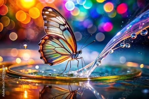 Transparent Clearwing Butterfly in Water Splash with Rainbow Circles - Long Exposure Photography photo