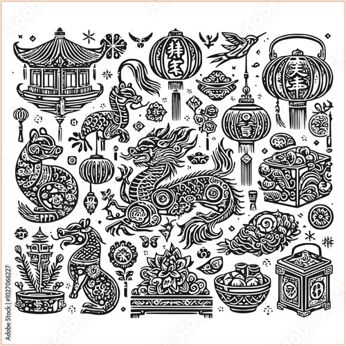 lunar new year,Chinese dragon,
Dragon with round shield, cut, out vector, silhouette,
fantasy, mythology, reptile, tattoo, characters, clip art, cut out, luxury, mascot, medieval, monochrome, prosperi