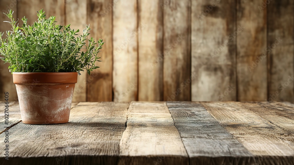 Fresh Herb in Pot on Rustic Wooden Table Fresh Herb in Pot on Rustic Wooden Table