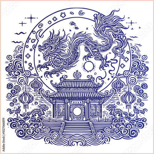 lunar new year,Chinese dragon,
Dragon with round shield, cut, out vector, silhouette,
fantasy, mythology, reptile, tattoo, characters, clip art, cut out, luxury, mascot, medieval, monochrome, prosperi