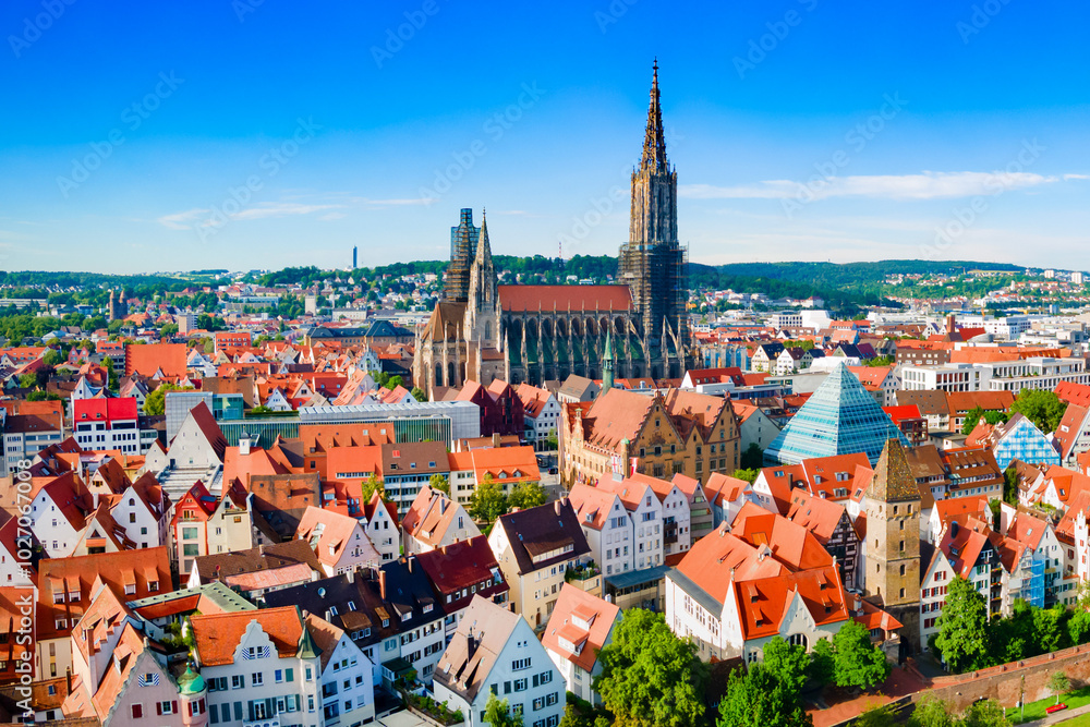 Fototapeta premium Ulm Minster Church aerial panoramic view, Germany