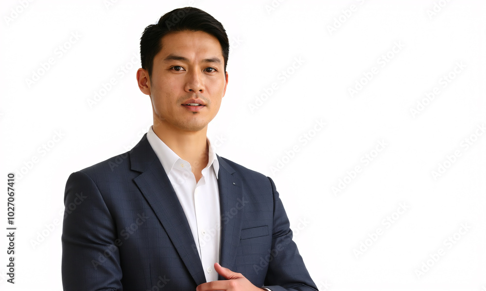A sharply dressed young Asian businessman standing confidently against a pure white background A sharply dressed young Asian businessman standing confidently against a pure white background