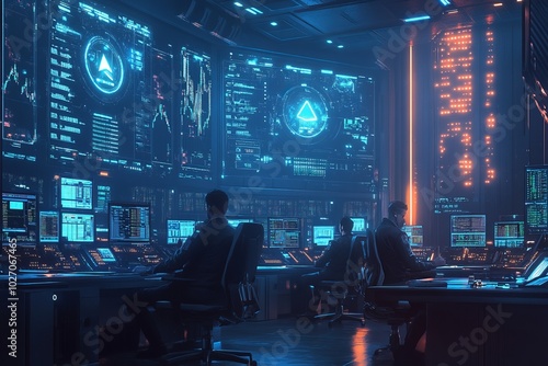 A futuristic control room with multiple screens displaying data and three people working at consoles.