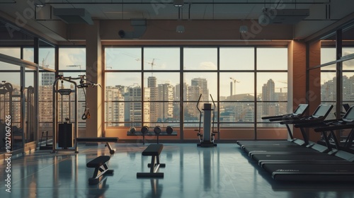 Modern gym interior with fitness equipment and city view. photo