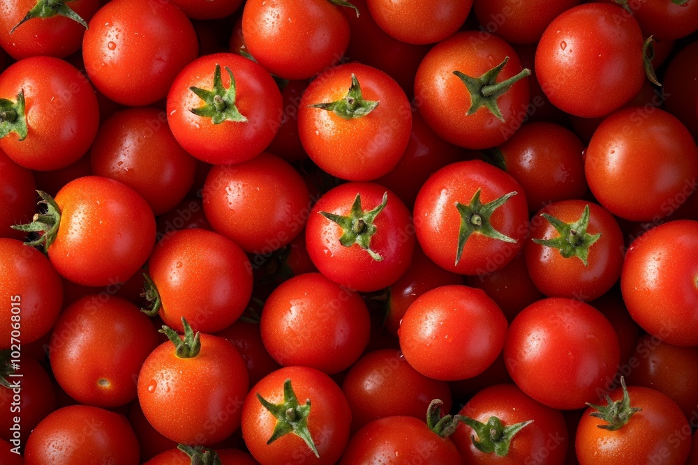 Close-up of fresh, red cherry tomatoes, arranged in a tight cluster, showcasing their bright color and natural texture. Close-up of fresh, red cherry tomatoes, arranged in a tight cluster, showcasing their bright color and natural texture.