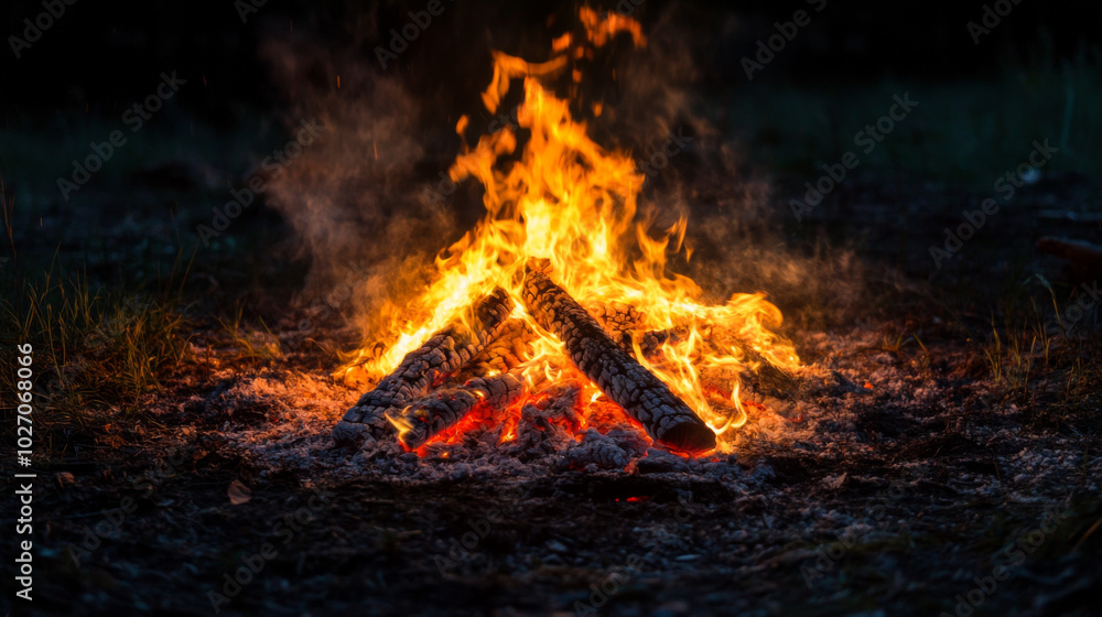Campfire crackling with vibrant flames at night in a serene outdoor setting Campfire crackling with vibrant flames at night in a serene outdoor setting