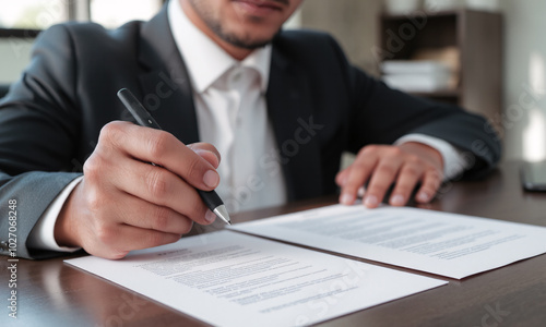 a confident businessman in a tailored suit captured mid-action as he signs an important document