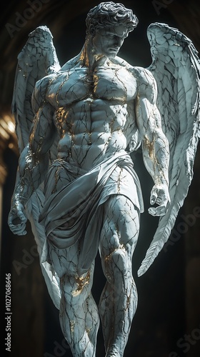 16k CGI image of a marble statue of a muscular man with angel wings in a toga The white marble has weathered cracks filled with glowing gold highlighted by dark lighting in a Greekinspired design photo