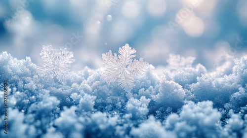 Beautiful snowflakes resting on a soft blanket of fresh snow in winter