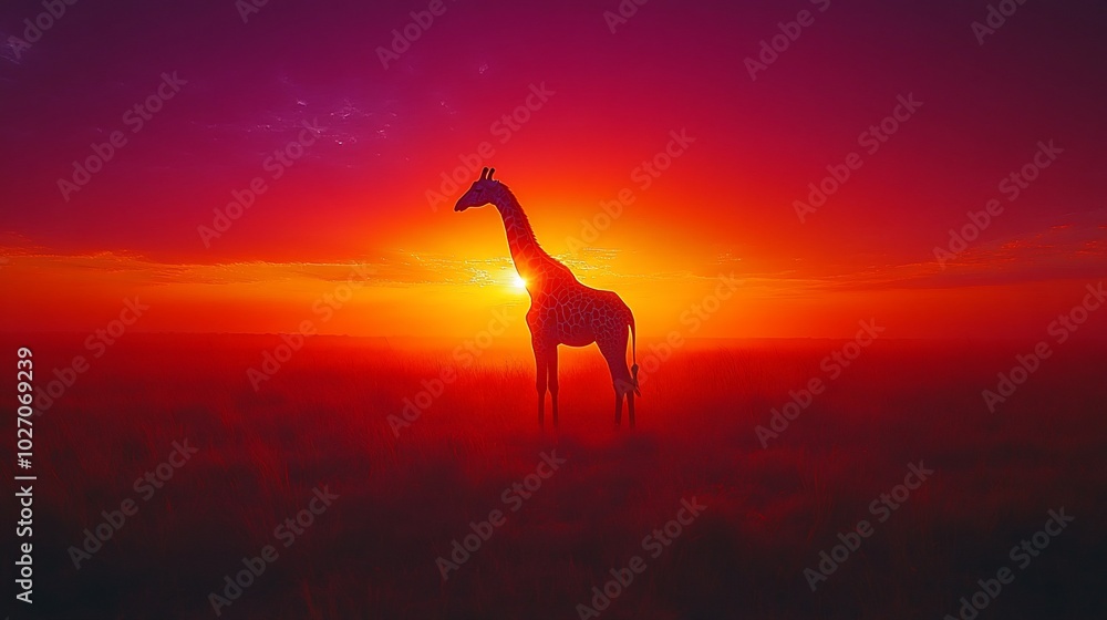 Silhouette of a giraffe standing in a field at sunset with a red sky. Silhouette of a giraffe standing in a field at sunset with a red sky.