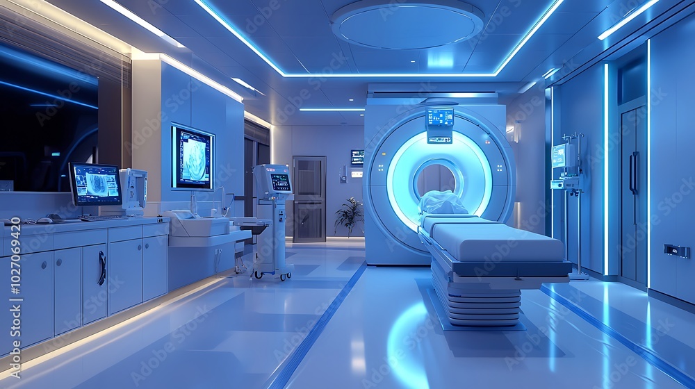 High-tech machinery in a hospital's CT scan room aids in patient diagnostics. High-tech machinery in a hospital's CT scan room aids in patient diagnostics.