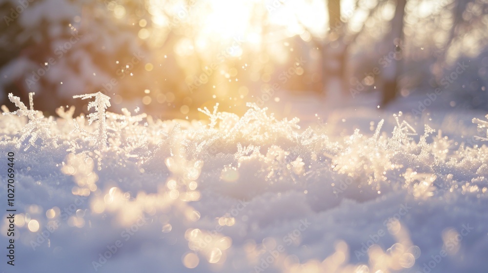 A snowy field with the sun shining on it A snowy field with the sun shining on it