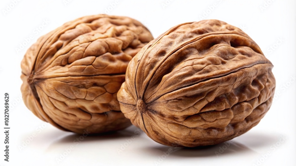 Two walnuts beautifully captured in a macro shot, isolated against a pure white background, offering a delectable and nutritious inspiration for Two walnuts beautifully captured in a macro shot, isolated against a pure white background, offering a delectable and nutritious inspiration for