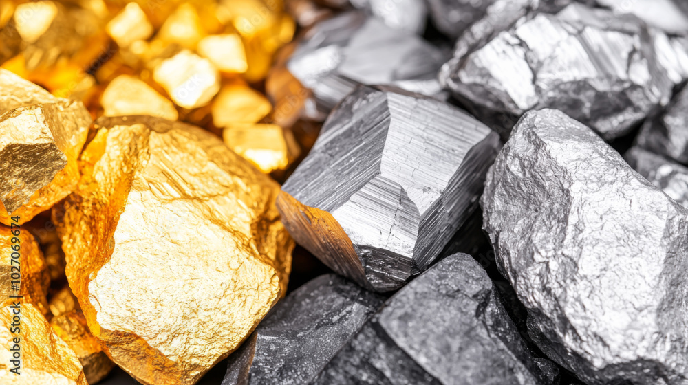 Shimmering metallic ores and gold nuggets on a surface in bright lighting Shimmering metallic ores and gold nuggets on a surface in bright lighting