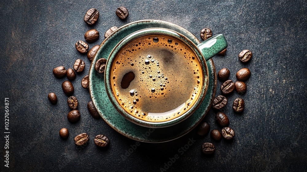 Rich Coffee with Beans on Dark Background Rich Coffee with Beans on Dark Background