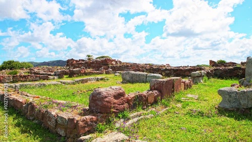 Archaeological Park of Monte Sirai Nuraghe phoenician settlement of neolithic punic age, ancient ruins building foundation village in Sardinia, Italy