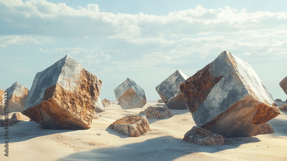 Unusual cube-shaped rock formations scattered across a desert landscape, their sharp edges contrasting with the soft sand Unusual cube-shaped rock formations scattered across a desert landscape, their sharp edges contrasting with the soft sand