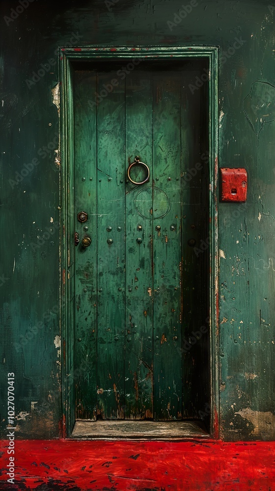 Weathered Green Door with Red Paint Accents