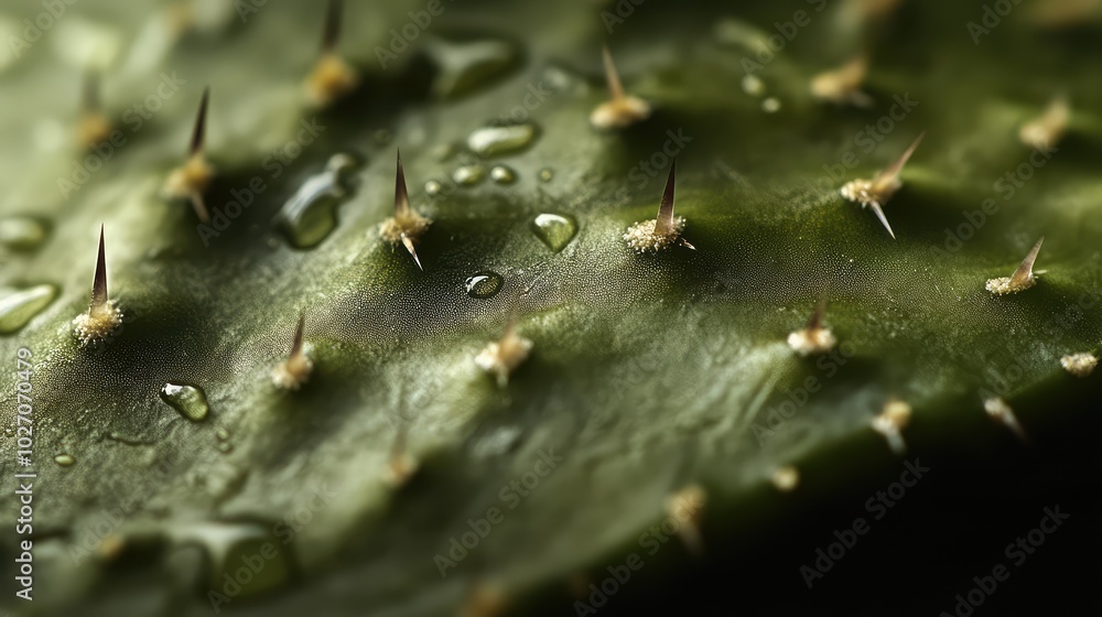 A close-up of a prickly pear cactus pad, with focus on the tiny spikes and subtle veins running through the thick, waxy surface A close-up of a prickly pear cactus pad, with focus on the tiny spikes and subtle veins running through the thick, waxy surface