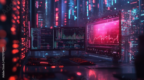 A futuristic workstation with monitors displaying financial data and coding.