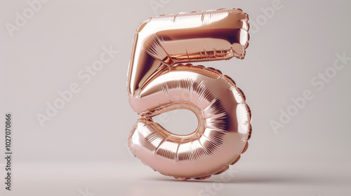 Shiny metallic rose gold number 5 balloon on isolated white background photo