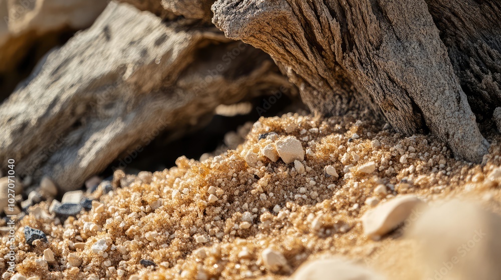A macro shot of sand clinging to the base of a desert plant, highlighting the fine details of the rough bark and textured soil A macro shot of sand clinging to the base of a desert plant, highlighting the fine details of the rough bark and textured soil