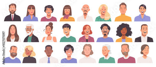 Set of business people avatars. Collection of portraits of happy men and women of different ages and races. Vector illustration